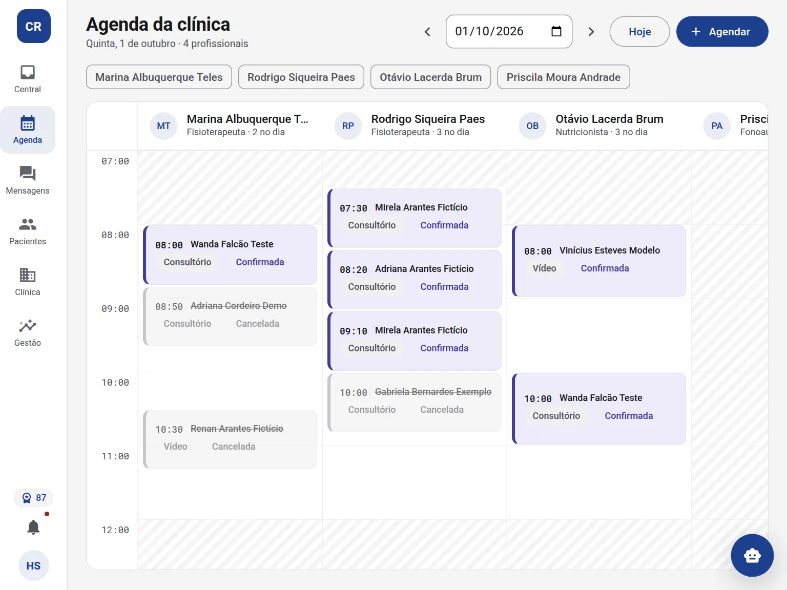 Agenda de uma clínica de fisioterapia, nutrição e fonoaudiologia, com dados de exemplo: uma coluna por profissional, as consultas do dia, vídeo ou consultório, e o que espera o paciente.