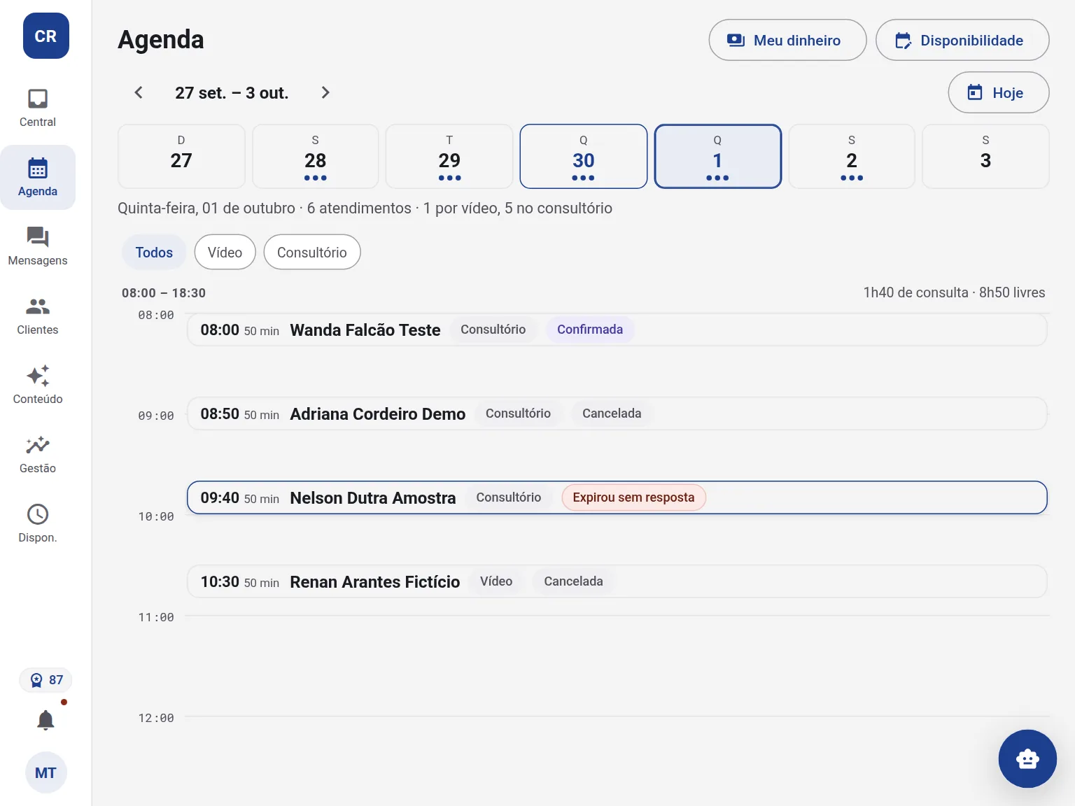 Agenda de uma fisioterapeuta, com dados de exemplo: seis atendimentos de 50 minutos no dia, por vídeo e no consultório, todos confirmados.
