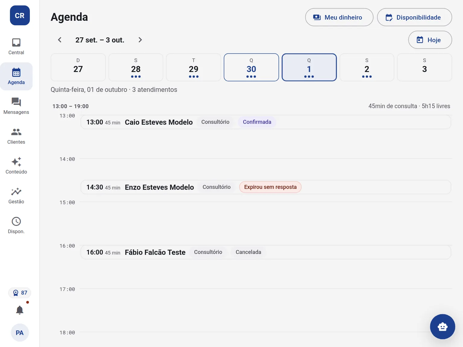Agenda de uma fonoaudióloga, com dados de exemplo: três atendimentos de 45 minutos no dia, dois por vídeo e um no consultório.