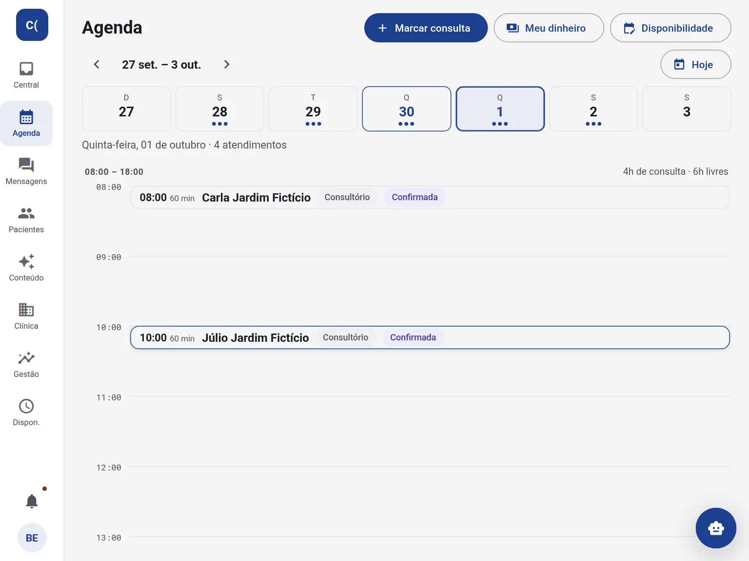 Agenda de uma nutricionista que atende sozinha, com dados de exemplo: as consultas de 60 minutos do dia e o botão Marcar consulta.