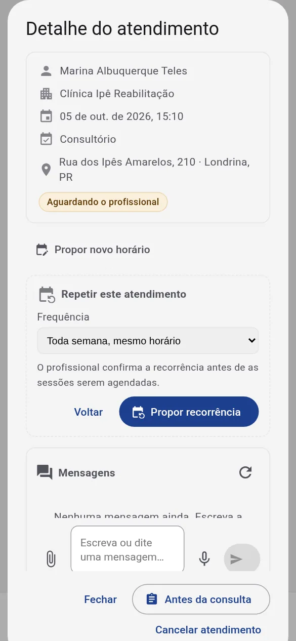 O detalhe de um atendimento no celular da paciente, com dados de exemplo: "Repetir este atendimento", toda semana no mesmo horário, e o aviso de que o profissional confirma antes.